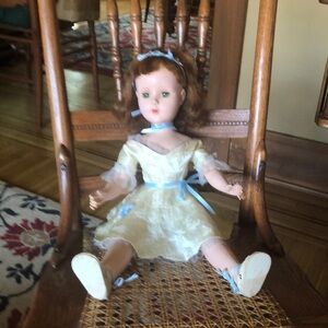 Vintage Doll with Cream Dress and Blue Accents